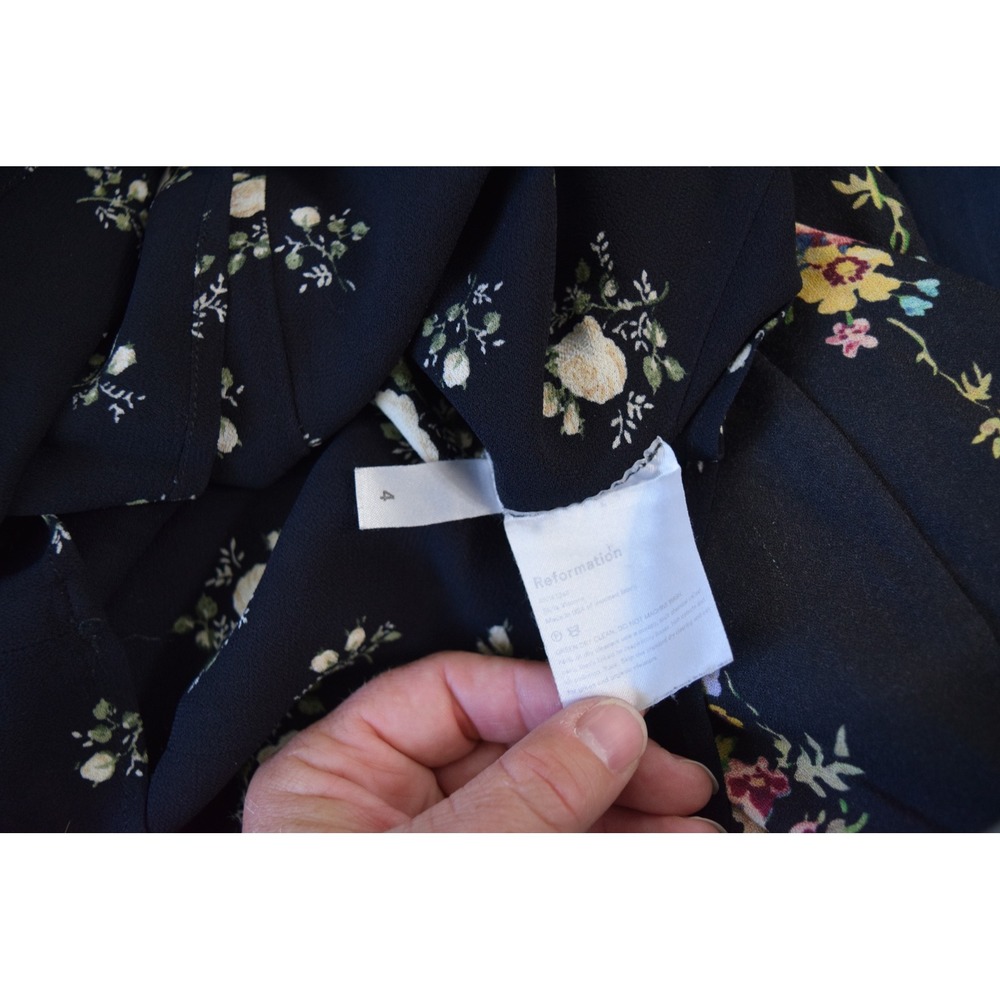 Reformation Cassie Mini Dress 4 Black Floral Tie Neck Dark Floral Puff Sleeve - Picture 5 of 5